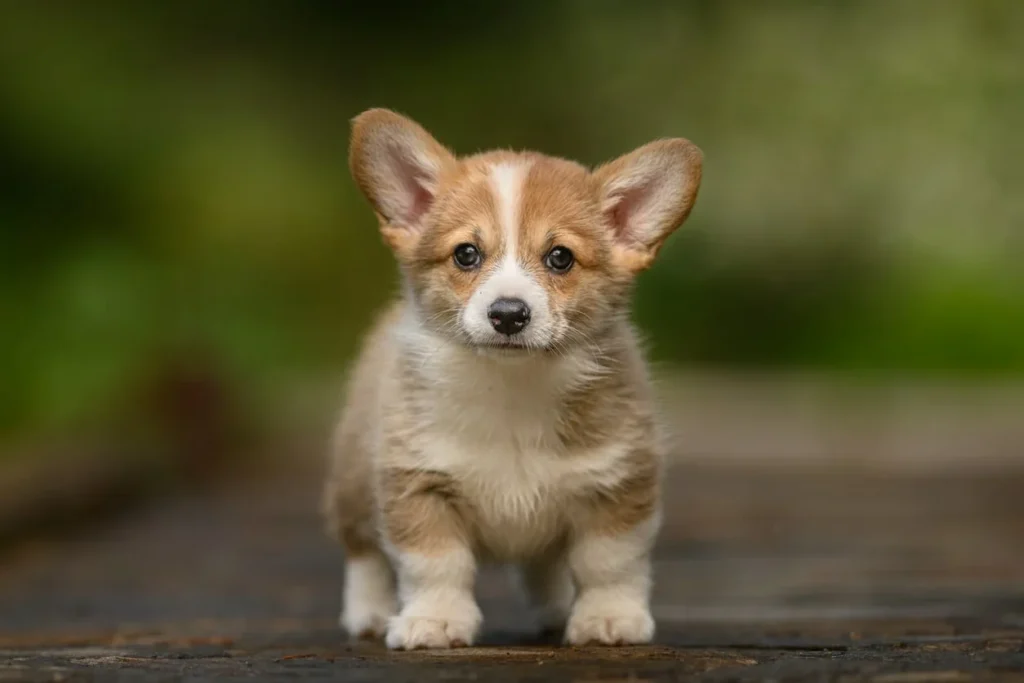 Pembroke Welsh Corgi puppy sitting outdoors