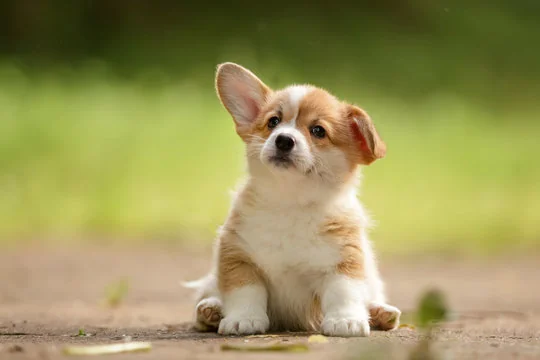 Corgi puppy sitting on a sunny lawn