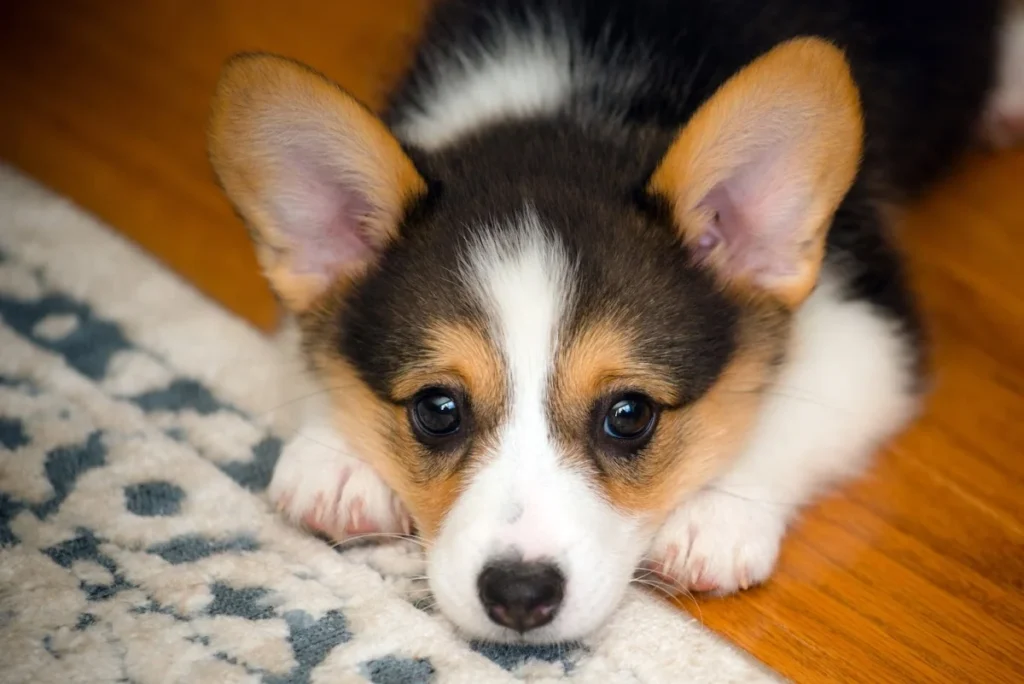 Tricolour Corgi puppy resting indoors
